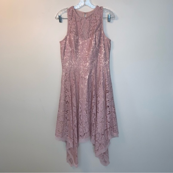 Eliza J Floral Lace Handkerchief Hem High Neck Midi Dress Blush Pink Lace 8 - Picture 2 of 10